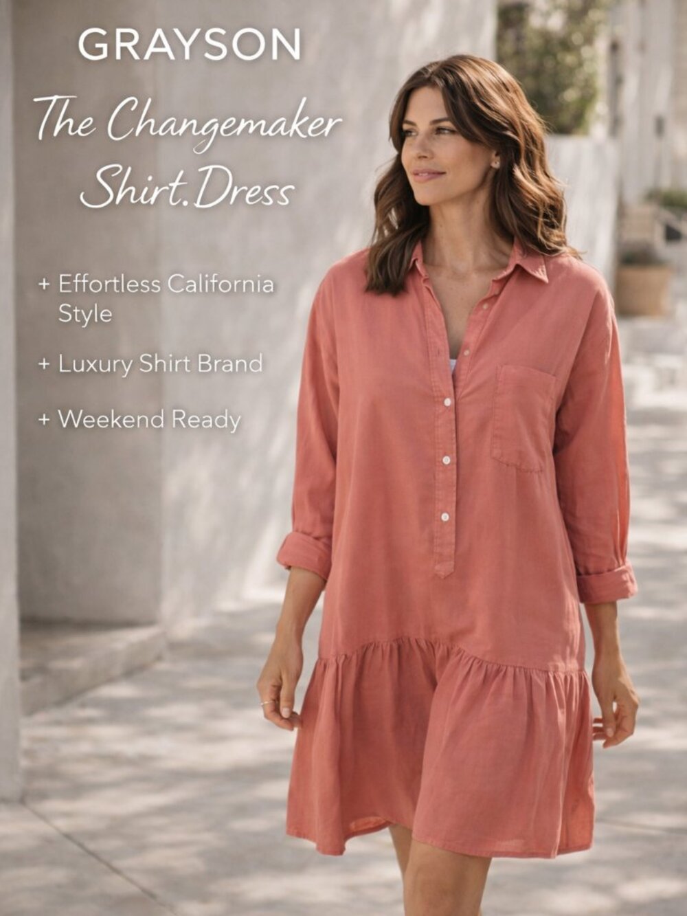 Grayson Changemaker Shirt Dress Coral Cotton Button Down SM Tiered Boho Relaxed